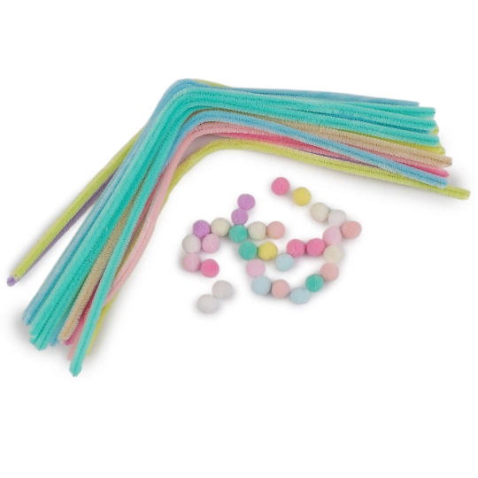 Kreatívna sada chlpaté drôtiky a brmbolce pastelové - 1 sada | Mimib
