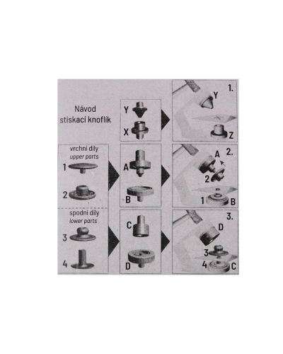 Gombík stláčací Ø15 mm na stredne hrubé látky, s ručným kovovým aplikátorom - 1 sada | Mimib