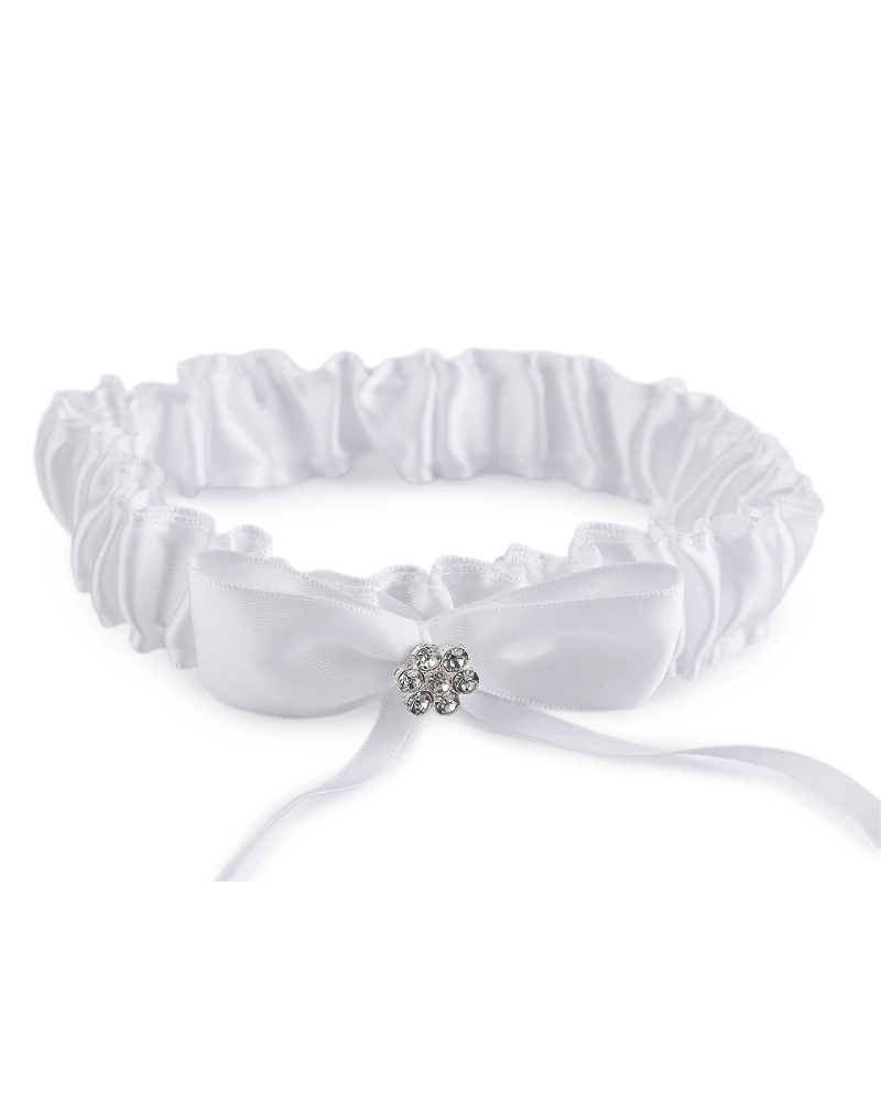 Svadobný podväzok saténový s mašľou a štrasovým kvetom - 1 ks | Mimib