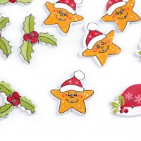 Dřevěný dekorační knoflík vánoční cesmína, hvězda, čepice 10ks