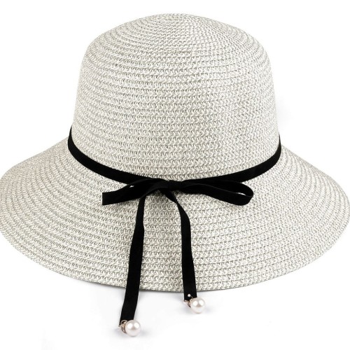 Dámský letní klobouk / slamák se sametovou mašlí a perlami 1ks