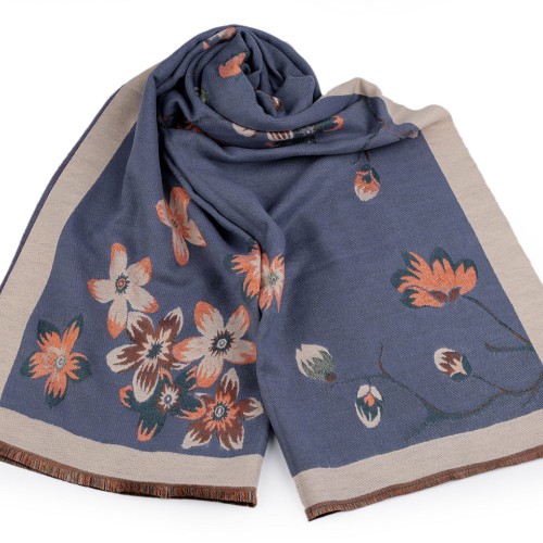 Šátek / šála typu kašmír s třásněmi, květy 65x190 cm 1ks