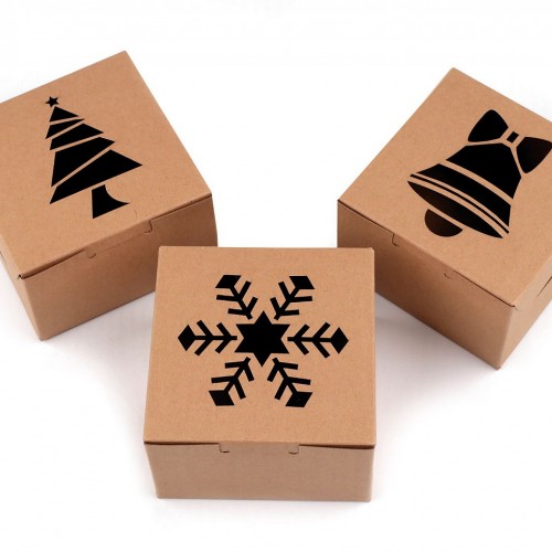 Vánoční papírová krabička s průhledem stromeček, vločka, zvonek 10ks